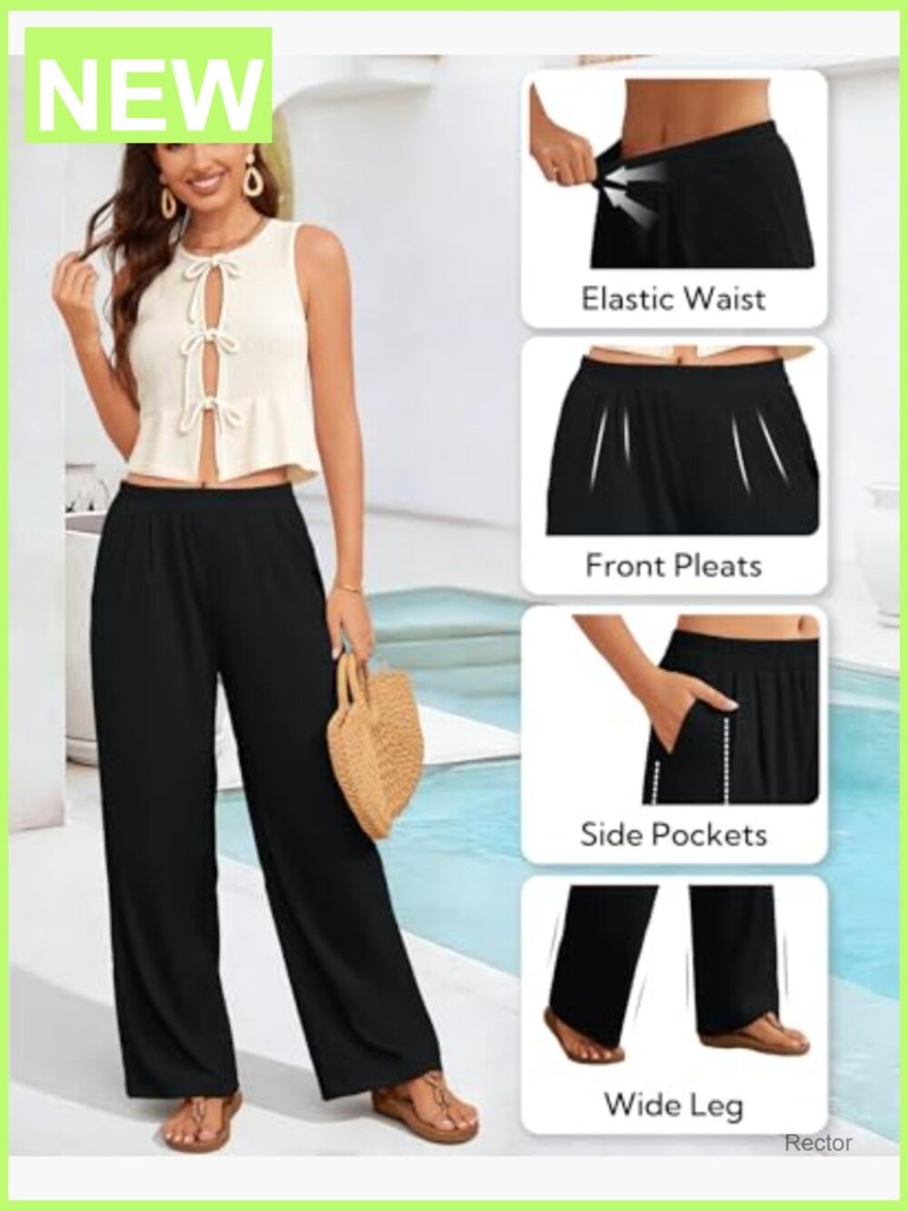 Linen Palazzo Pants Wide Leg Elastic Waist Flowy Trousers with Pockets for - Picture 4 of 7